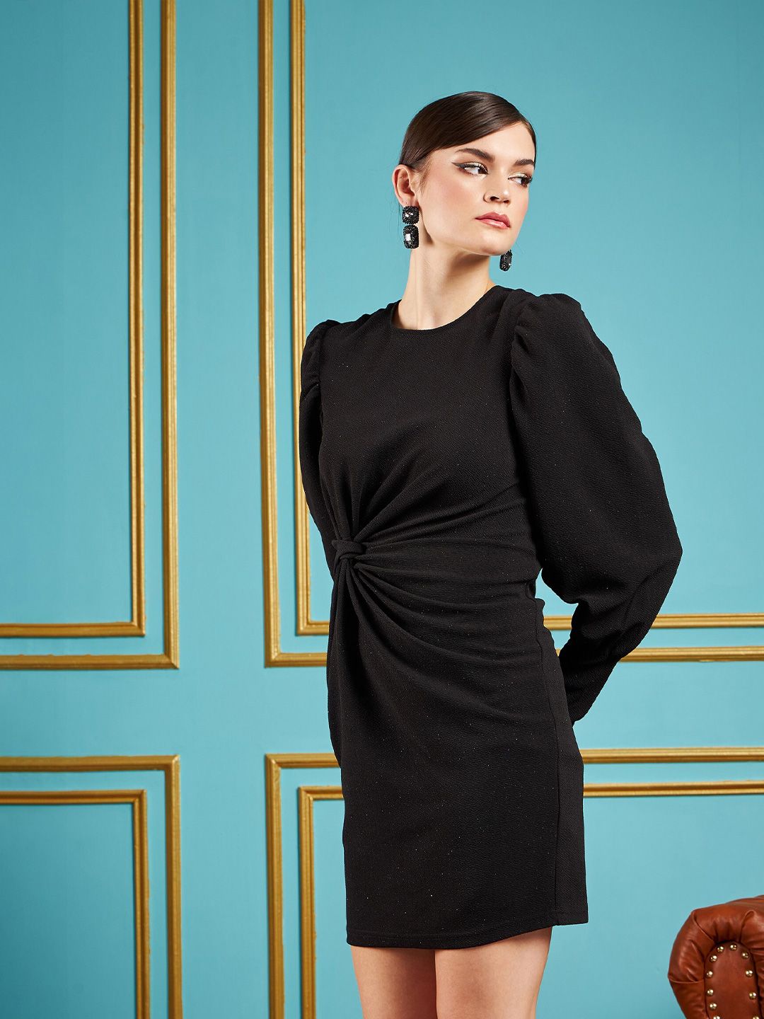 SASSAFRAS Black Self Design Puff Sleeves Gathered Detail Sheath Dress