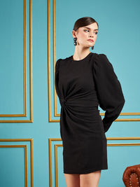 SASSAFRAS Black Self Design Puff Sleeves Gathered Detail Sheath Dress