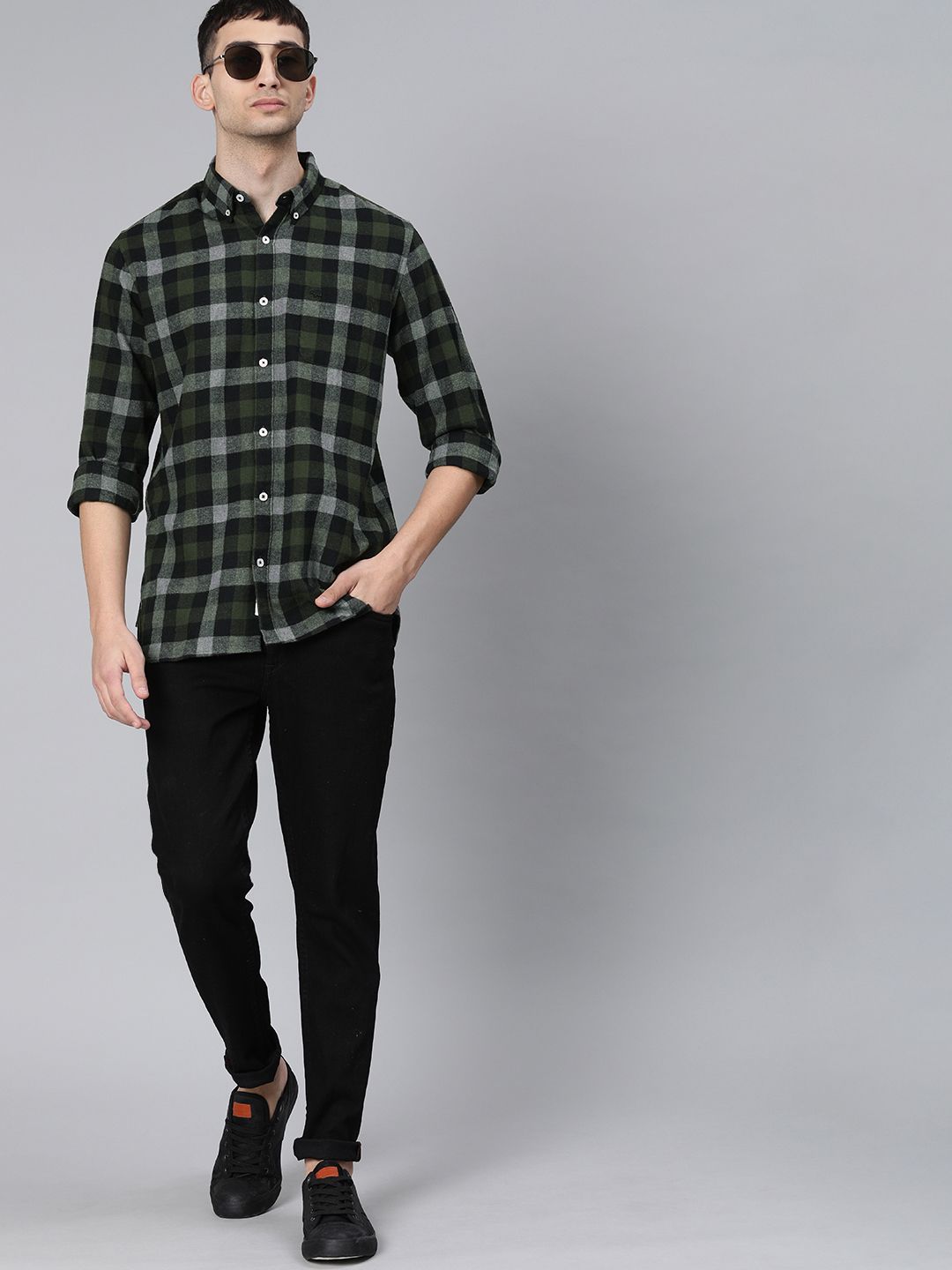 THE BEAR HOUSE Men Olive Green & Grey Slim Fit Checked Flannel Casual Shirt
