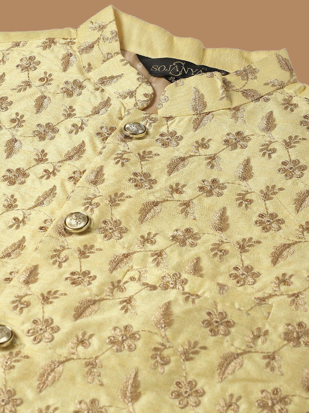 SOJANYA Embroidered Sequinned Pure Cotton Kurta with Churidar & Embroidered Nehru Jacket