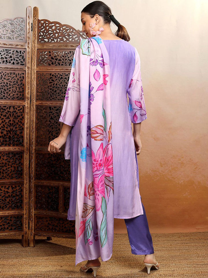 Vishudh Purple Ombre Printed Thread Work Straight Kurta With Trousers & Dupatta