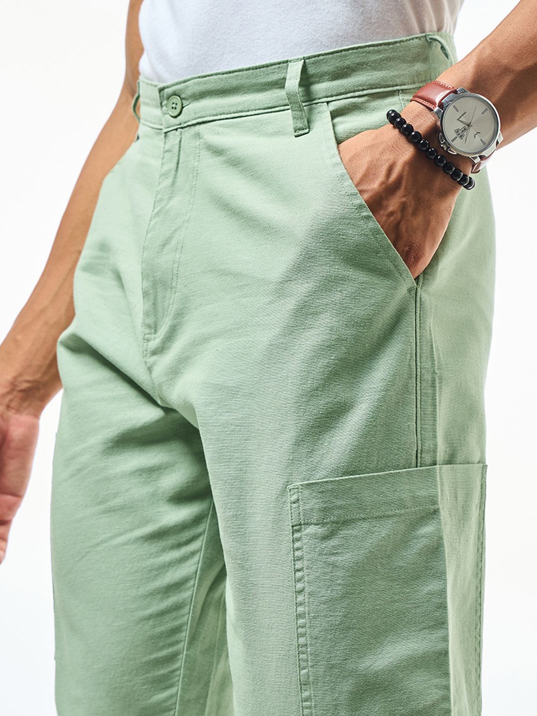 Bewakoof Men's Green Cargo Linen Pants