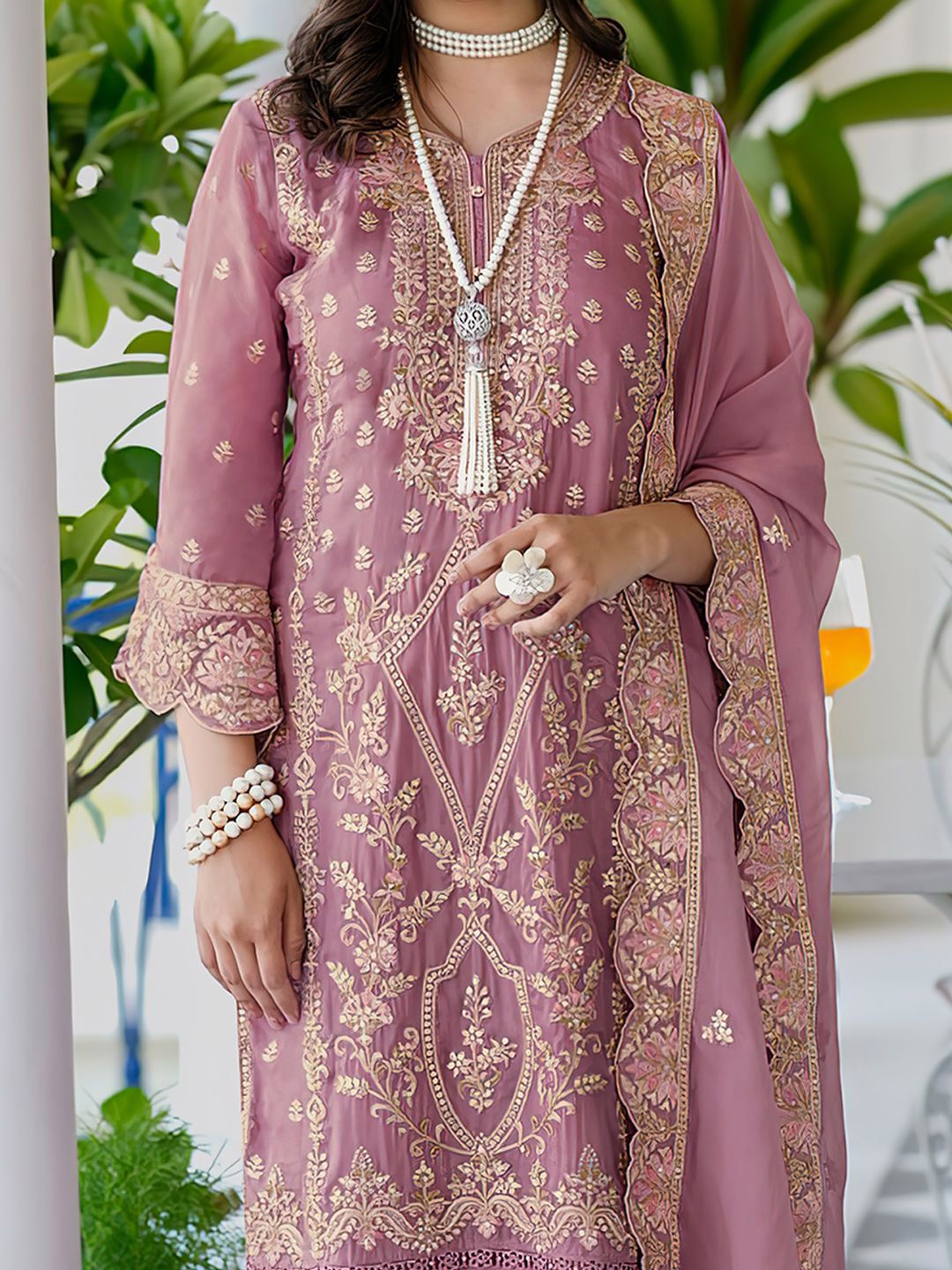 Indo Era Ethnic Motifs Embroidered V Neck Straight Kurta With Trousers & Dupatta