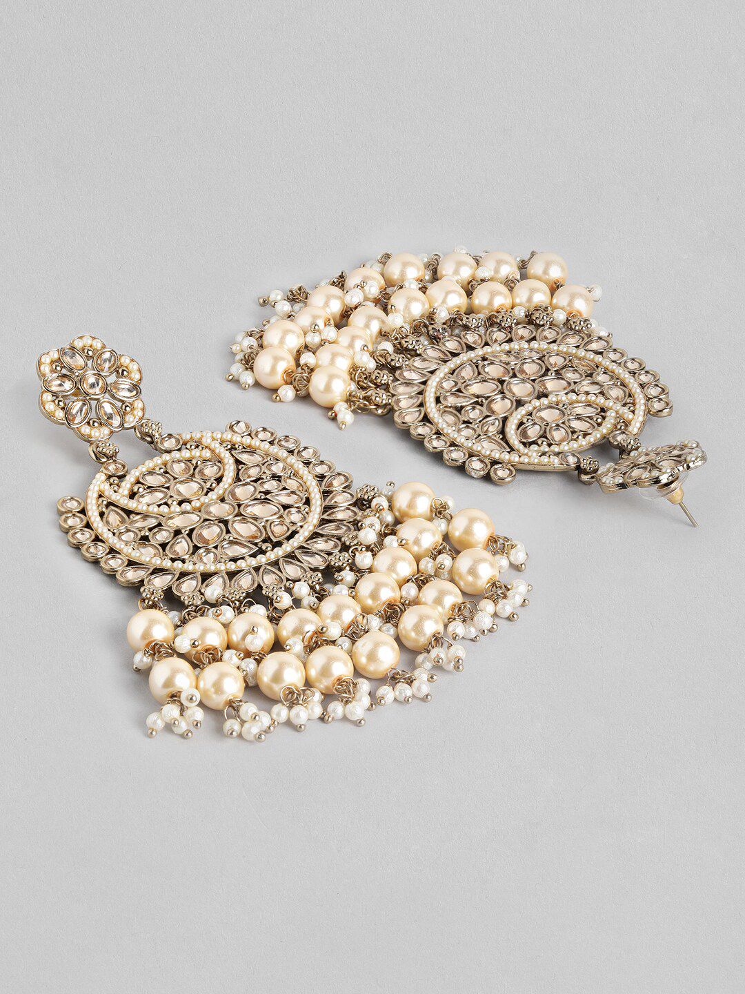 Rubans 22K Gold Plated AD Studded Handcrafted Long Chandbali with Cream-Colored Pearls
