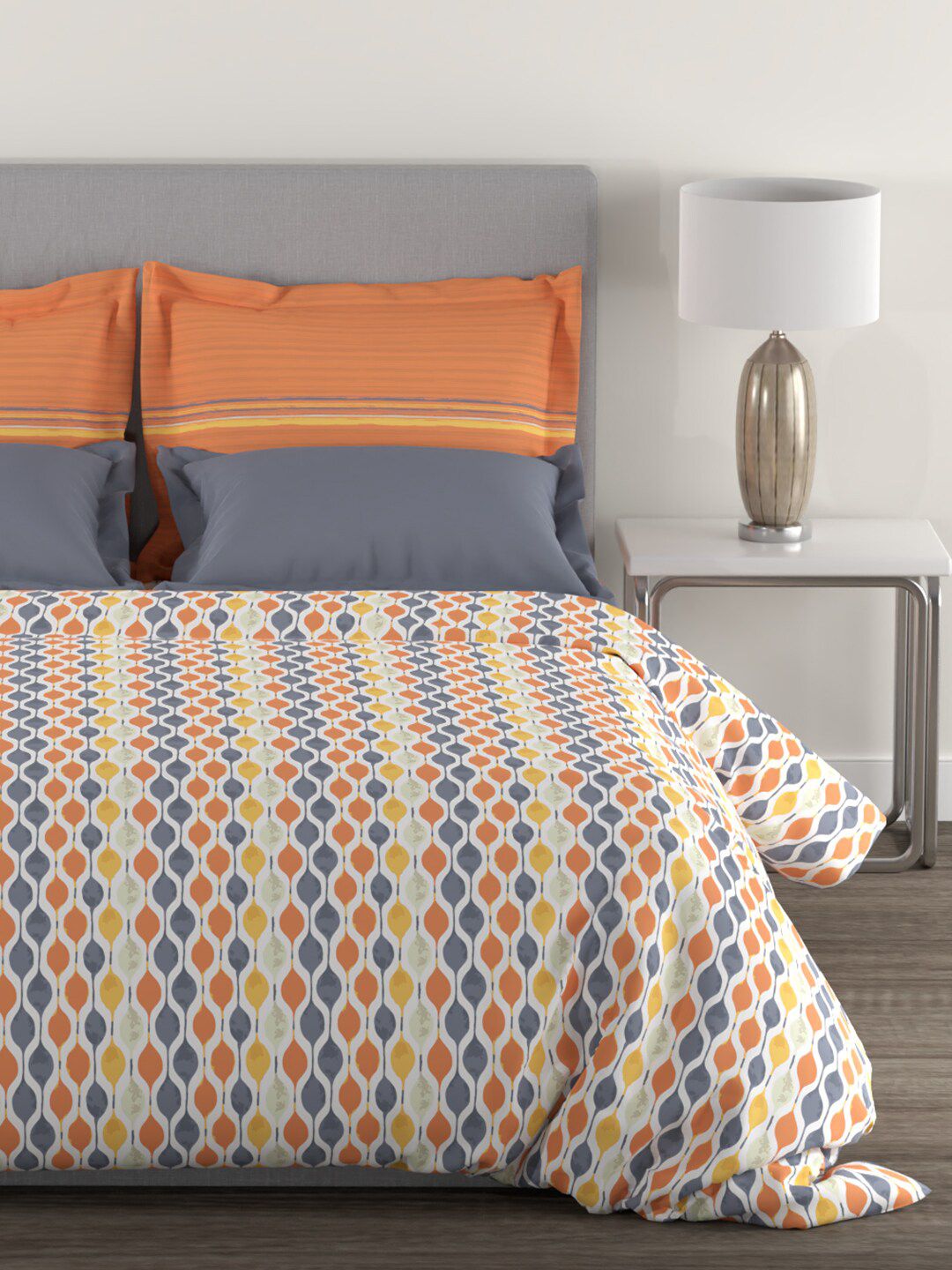 MYTRIDENT Orange  White Geometric Cotton 144 TC Queen Bedsheet With 2 Pillow Covers