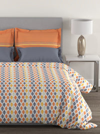 MYTRIDENT Orange  White Geometric Cotton 144 TC Queen Bedsheet With 2 Pillow Covers