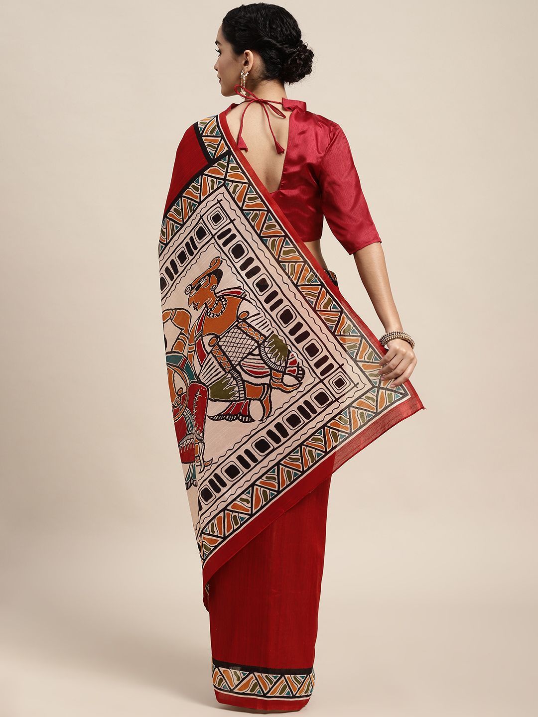Saree mall Maroon & White Ethnic Motifs Print Art Silk Taant Saree