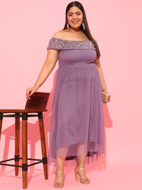 CURVY STREET Lavender Plus Size Off-Shoulder Net Dress