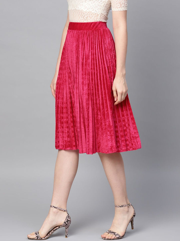 SASSAFRAS Fuchsia Pink Accordion Pleated Velvet Finish Flared Skirt