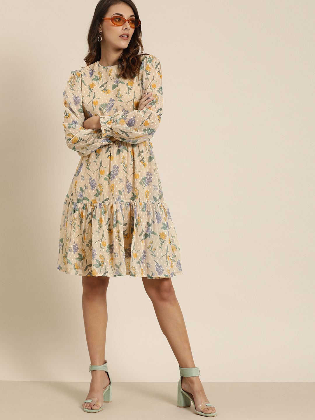 all about you Classy Beige Floral Printed Pure Cotton Waisted Dress