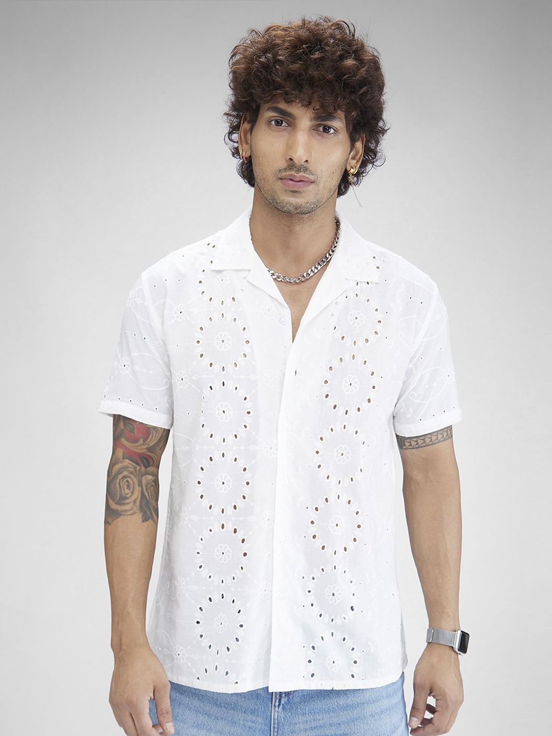 VASTRADO Classic Oversized Schiffli Floral Embroidered Cuban Collar Cotton Shirt