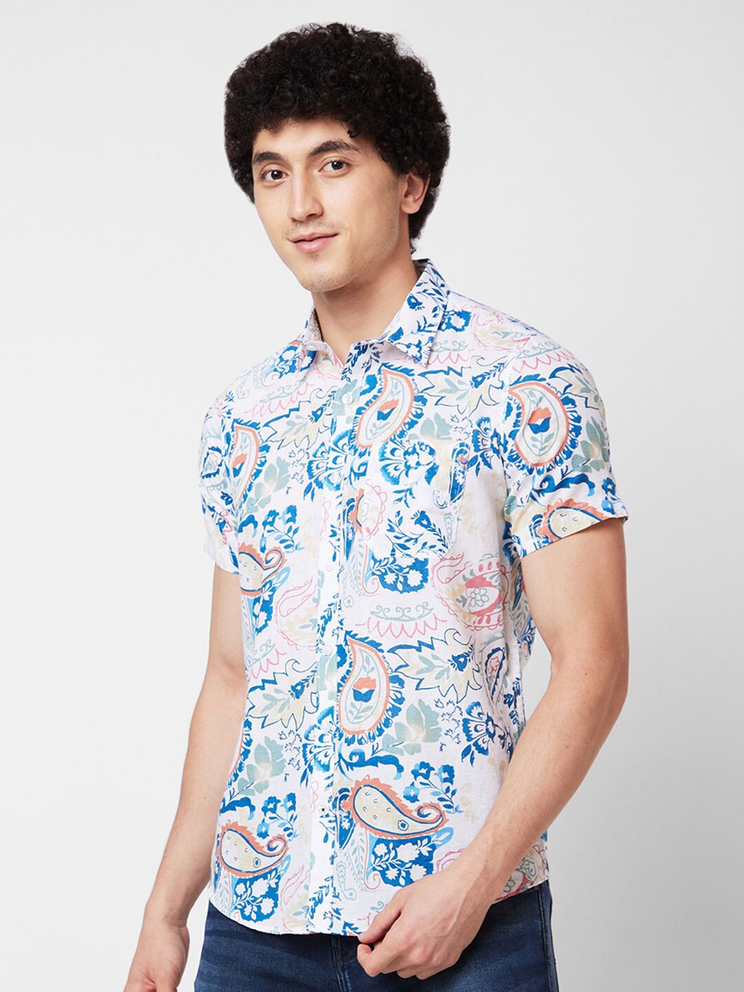 SPYKAR Spread Collar Short Sleeves Floral Printed Cotton Casual Shirt