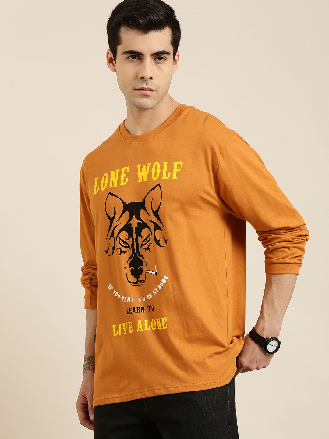 Difference of Opinion Men Tan Brown Printed Pure Cotton Loose Longline T-shirt