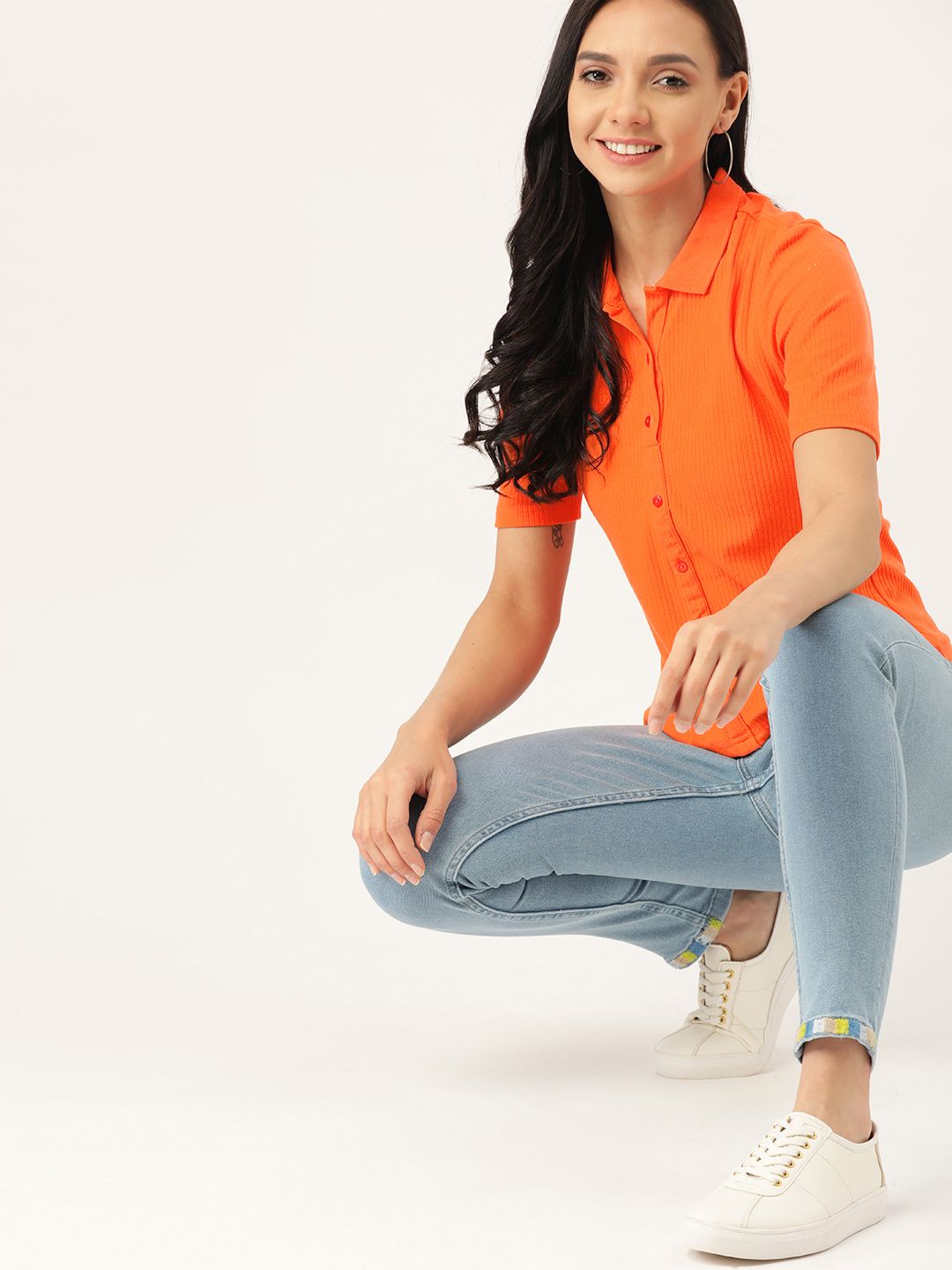 DressBerry Women Orange Ribbed Shirt Style Top