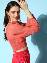 Berrylush Pink Georgette Sweetheart Neck Smocked Blouson Crop Top