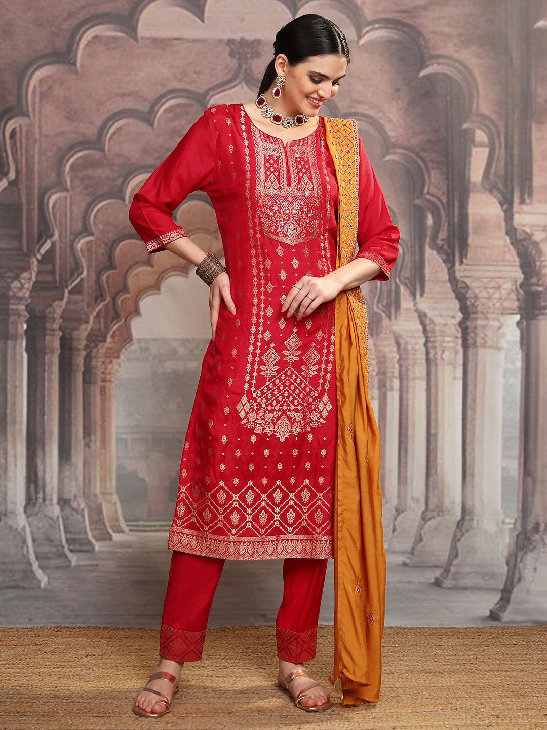 Vishudh Pink Ethnic Motifs Printed Sequinned Straight Kurta With Trousers & Dupatta