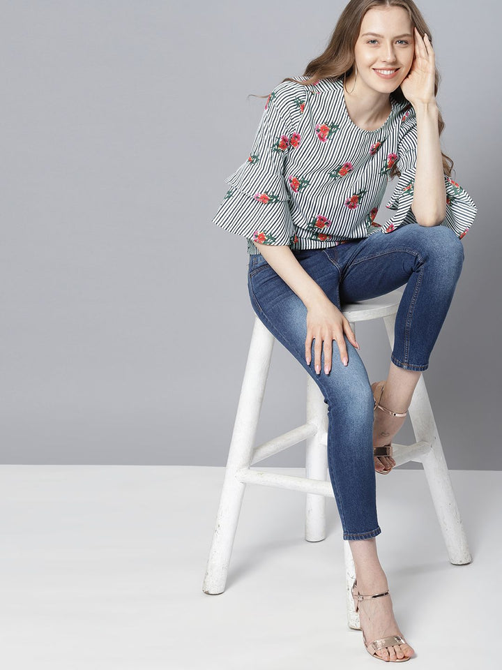 Tokyo Talkies White & Black Floral Printed Striped Top