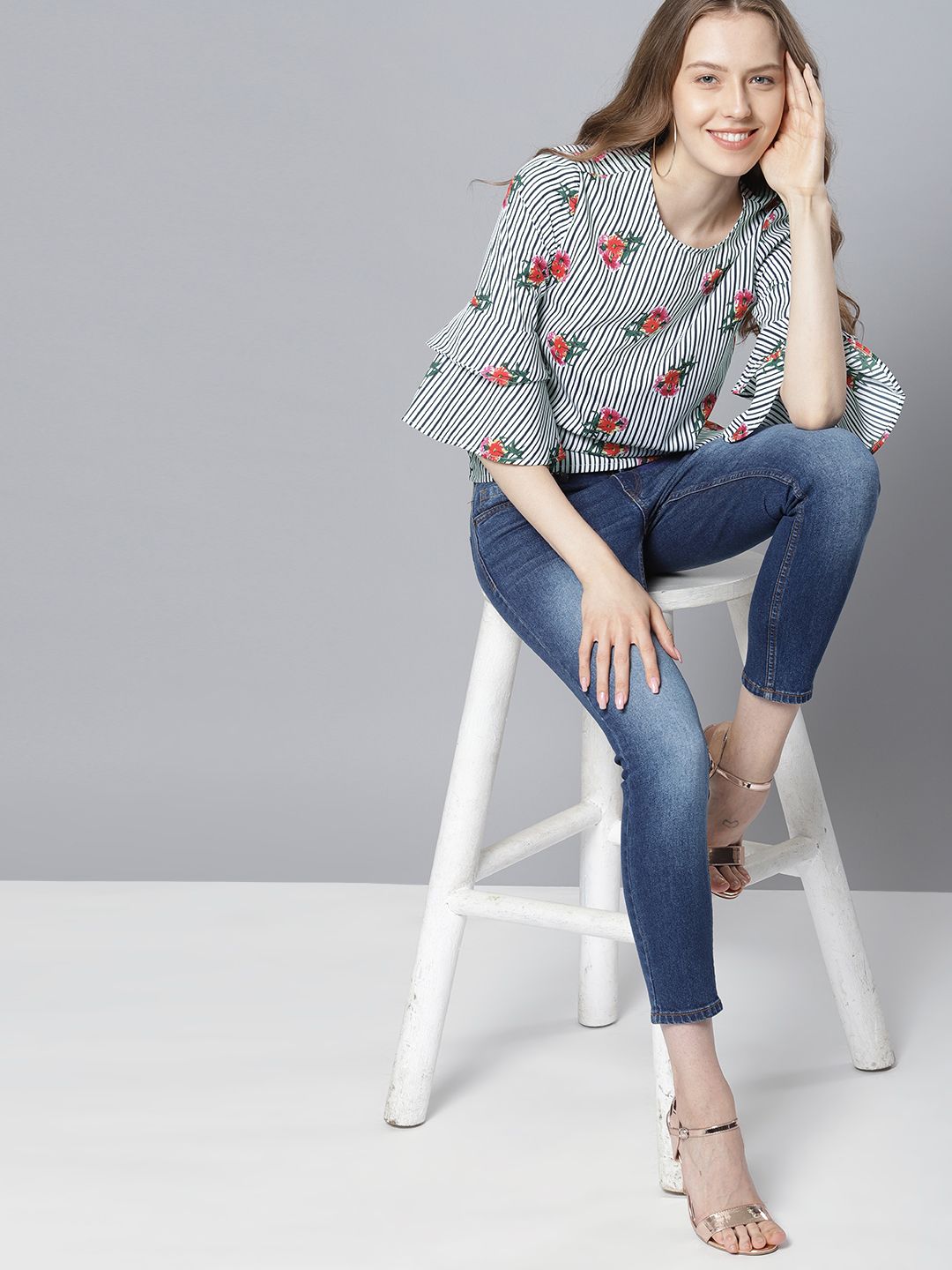 Tokyo Talkies White & Black Floral Printed Striped Top