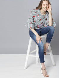 Tokyo Talkies White & Black Floral Printed Striped Top