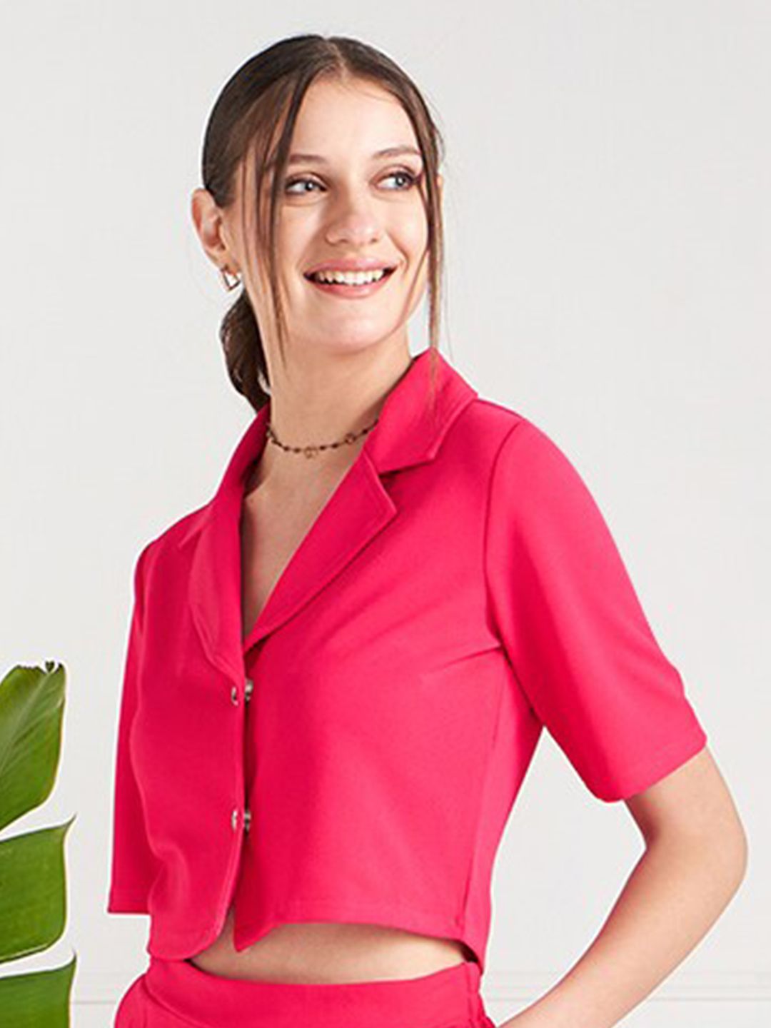 Athena Fuchsia Lapel Collar Crop Shirt Style Top