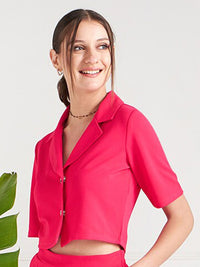 Athena Fuchsia Lapel Collar Crop Shirt Style Top
