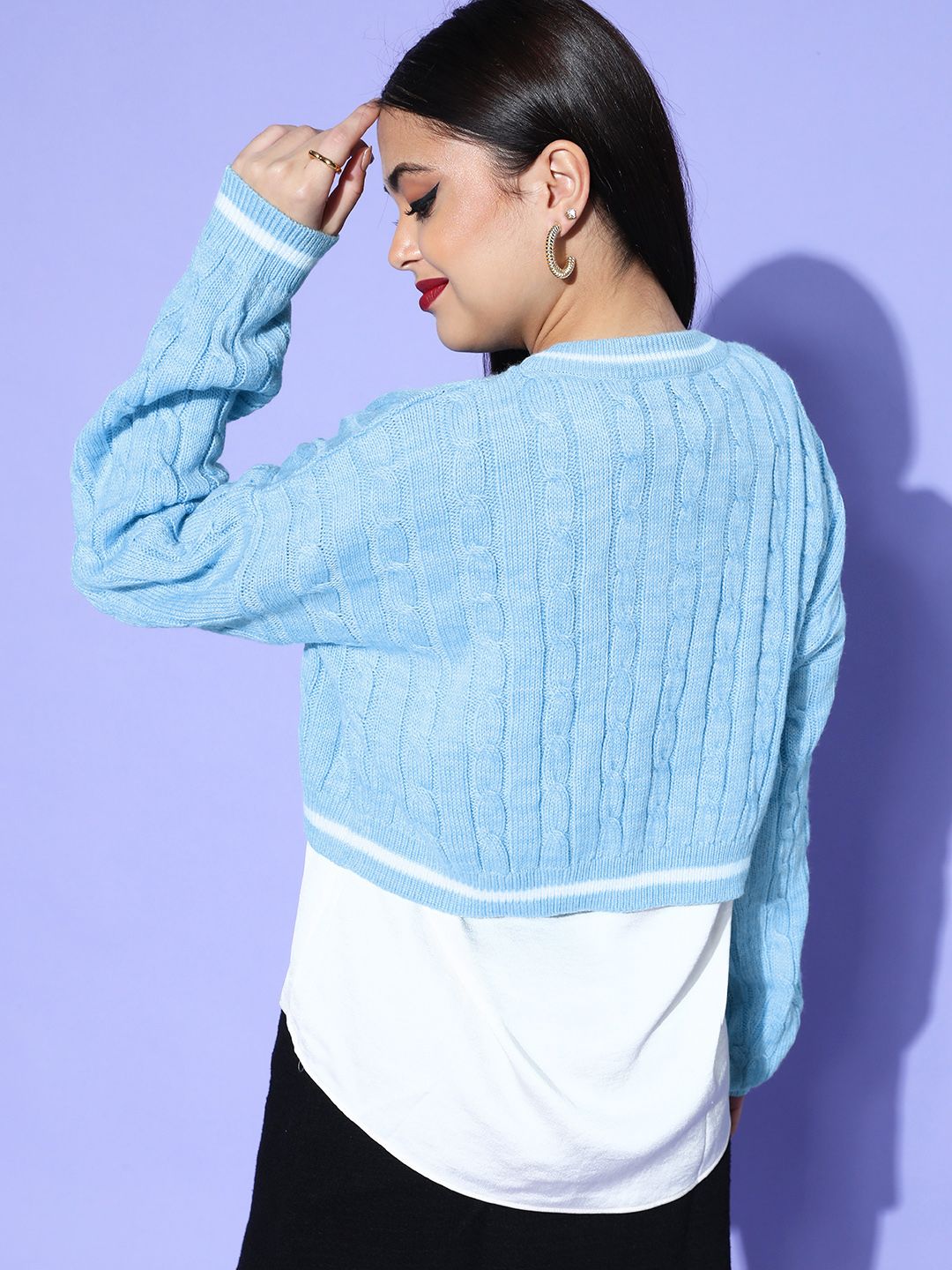 Berrylush Women Turquoise Blue Solid Knits Bits Sweater