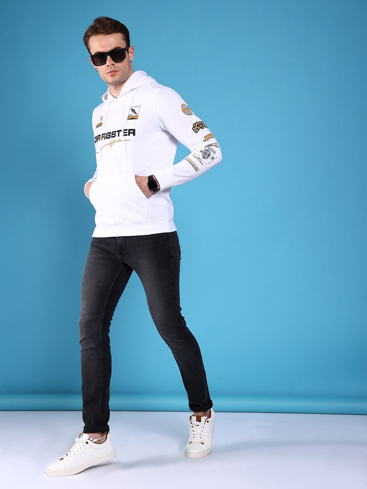 The Indian Garage Co Men White & Black Printed Hooded Sweatshirt