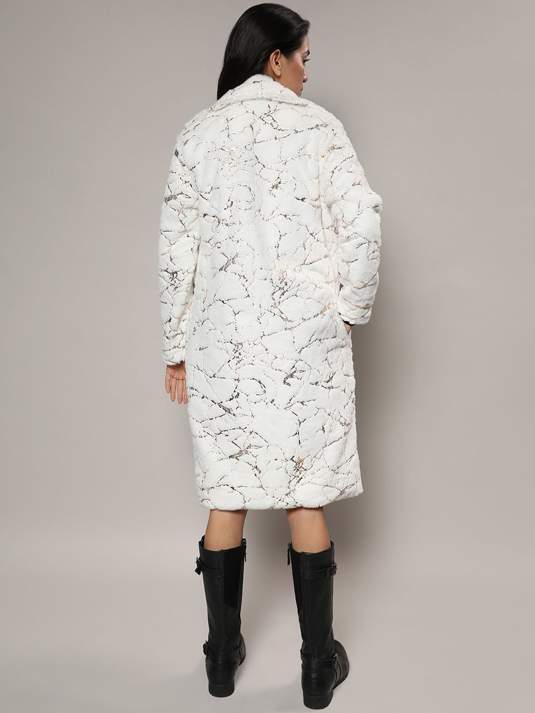 Campus Sutra Self Design Notched Lapel Single Breasted Longline Overcoat