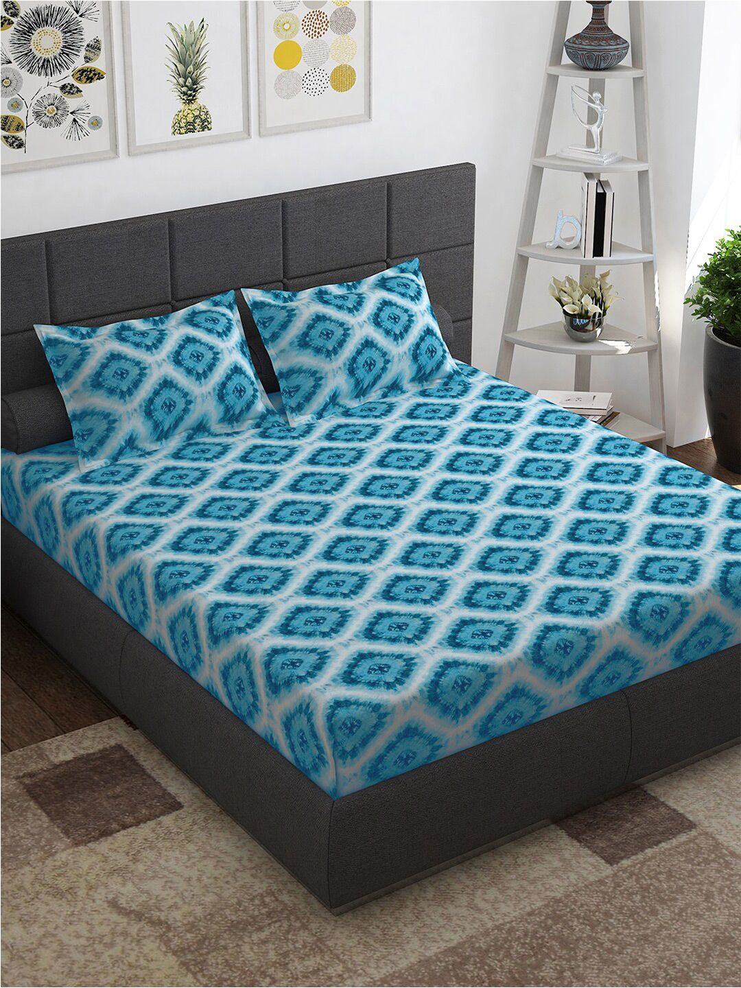 Story@home Blue White Geometric Cotton 144 TC Queen Bedsheet With 2 Pillow Covers