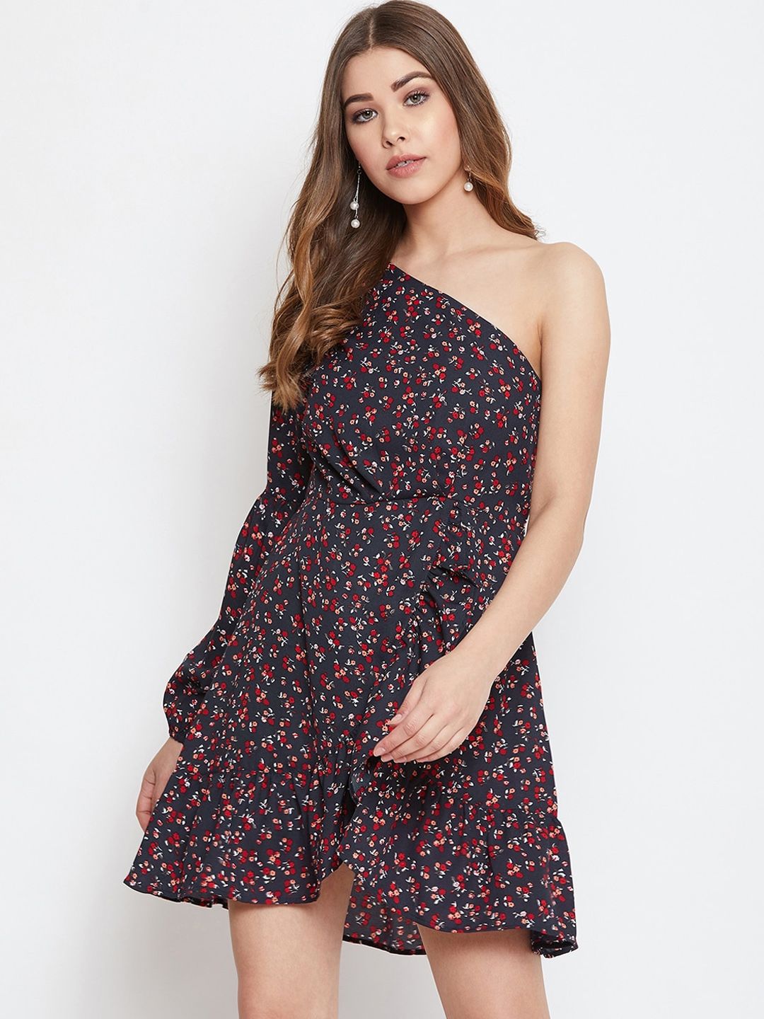 Berrylush Women Navy Blue Floral Printed A-Line Dress