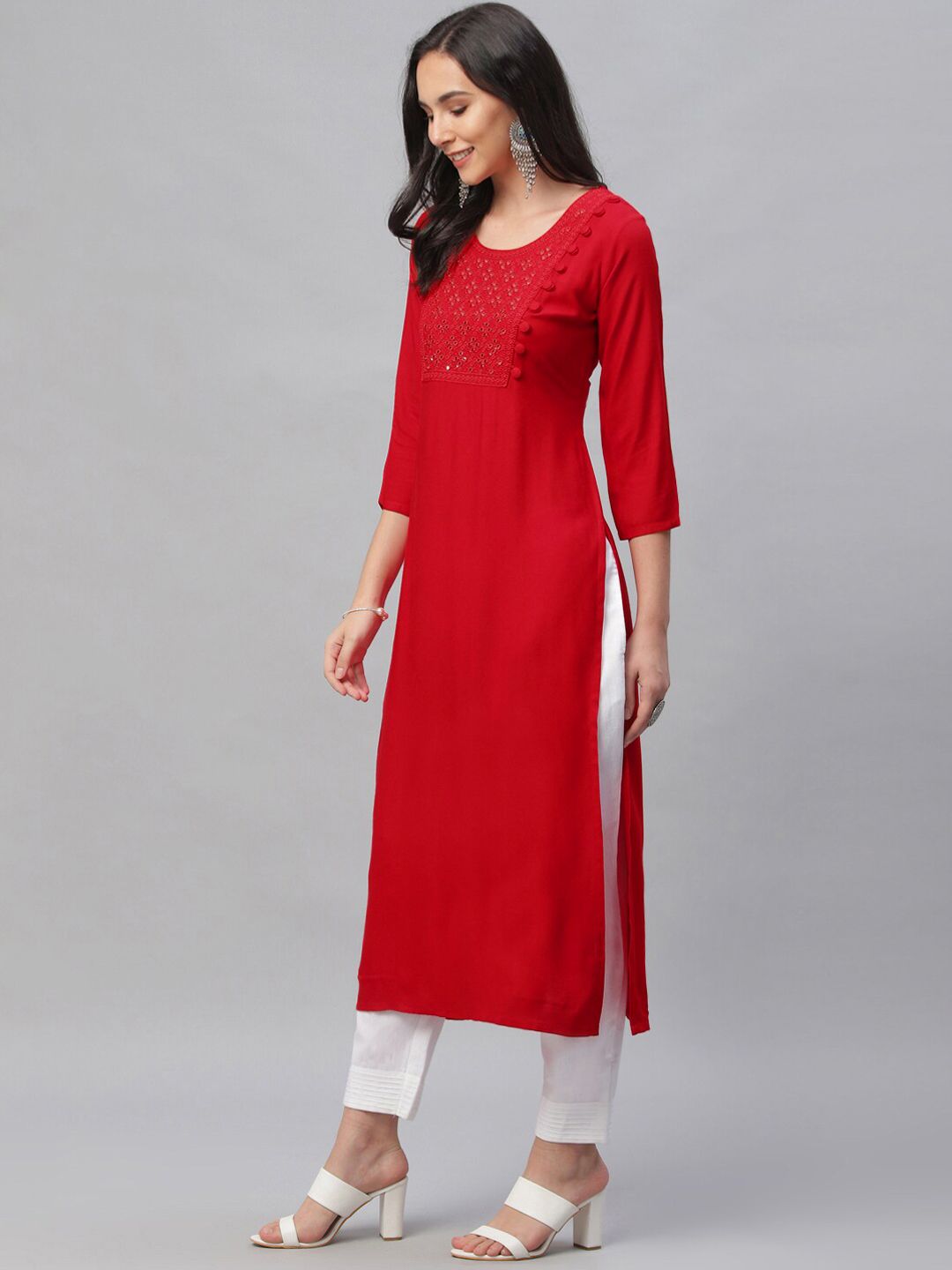 Libas Women Red Embroidered Straight Kurta