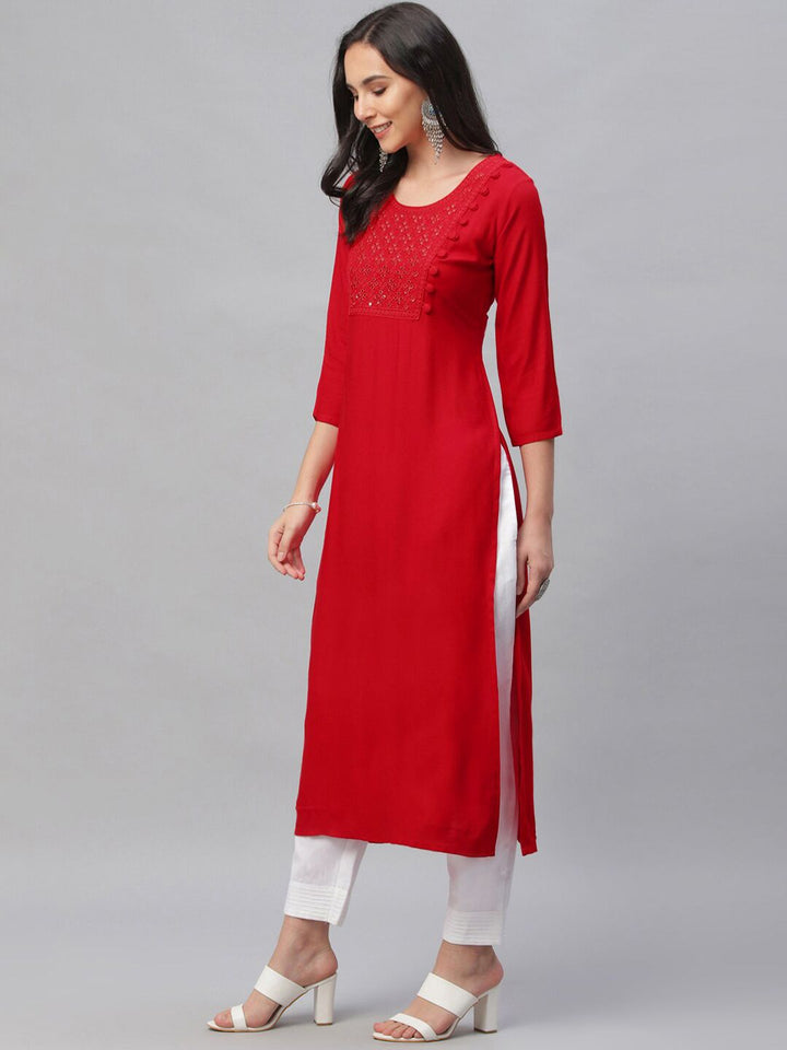 Libas Women Red Embroidered Straight Kurta