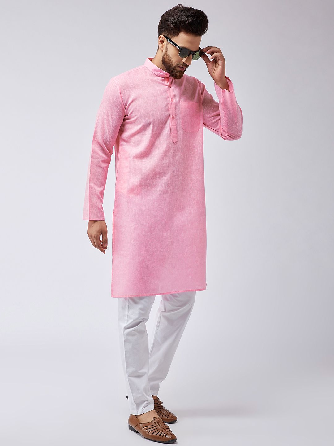 SOJANYA Men Pink Solid Straight Kurta