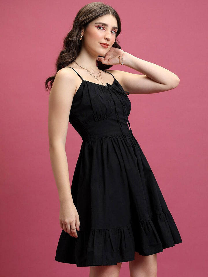 Tokyo Talkies Black Shoulder Straps Ruffles Cotton Fit & Flare Dress