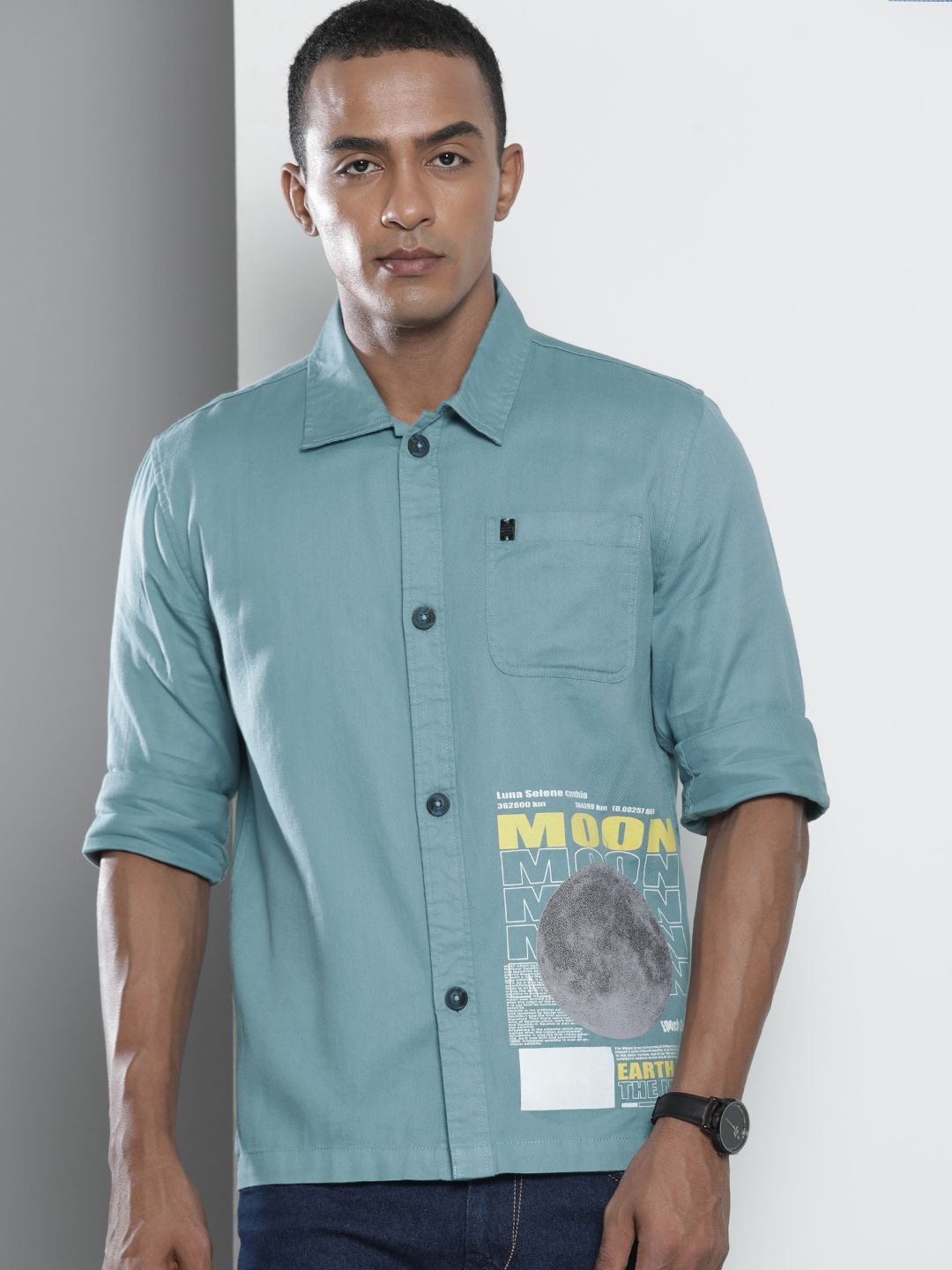 The Indian Garage Co Men Blue Slim Fit Typography Opaque Printed Casual Shirt