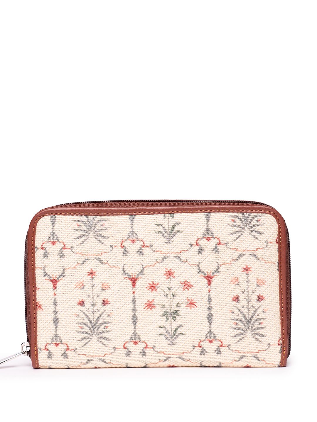 ZOUK Women Cream & Maroon Floral Printed Zip Around Wallet