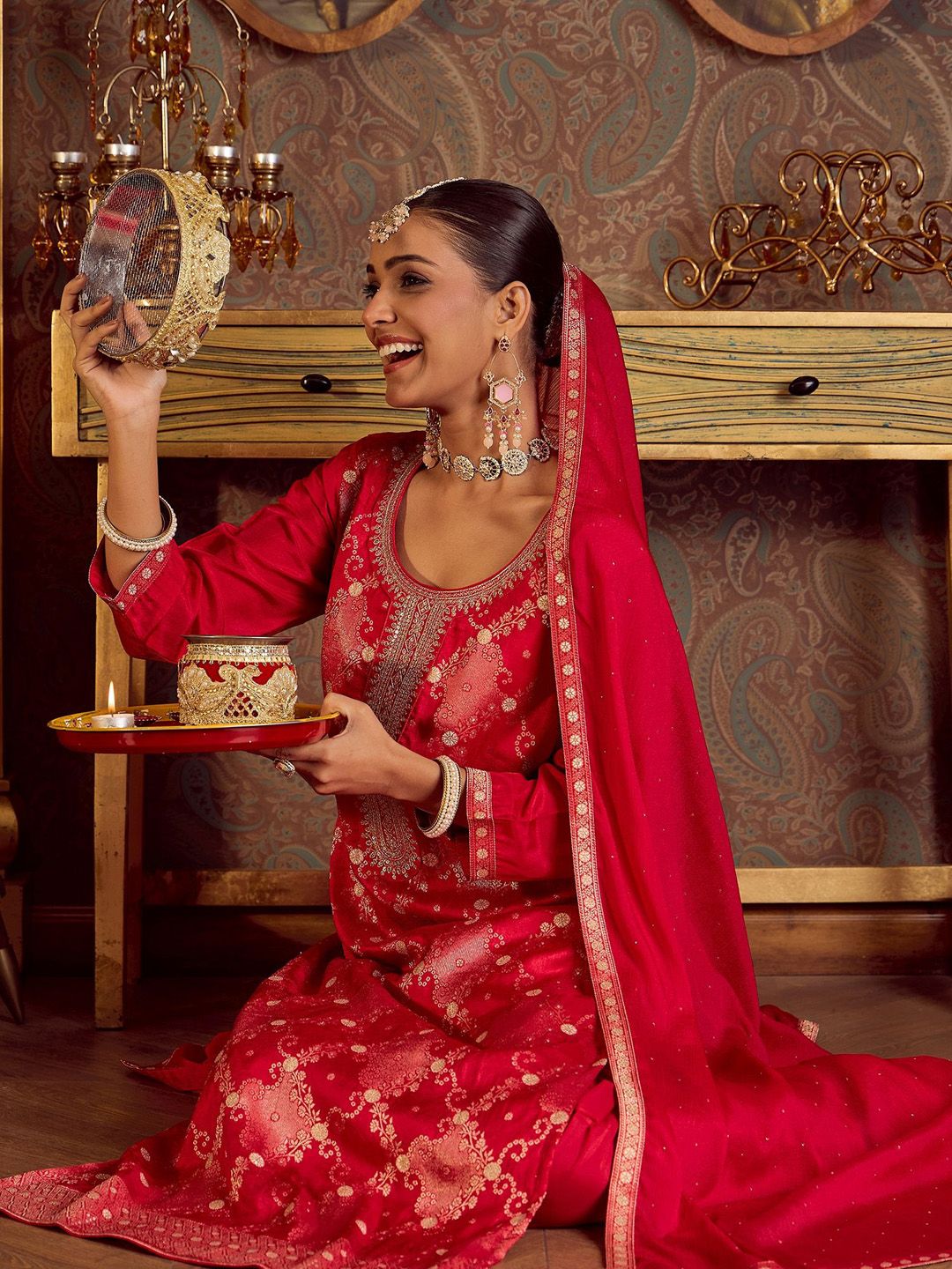 Indo Era Women Embroidered Regular Kurta with Trousers & With Dupatta