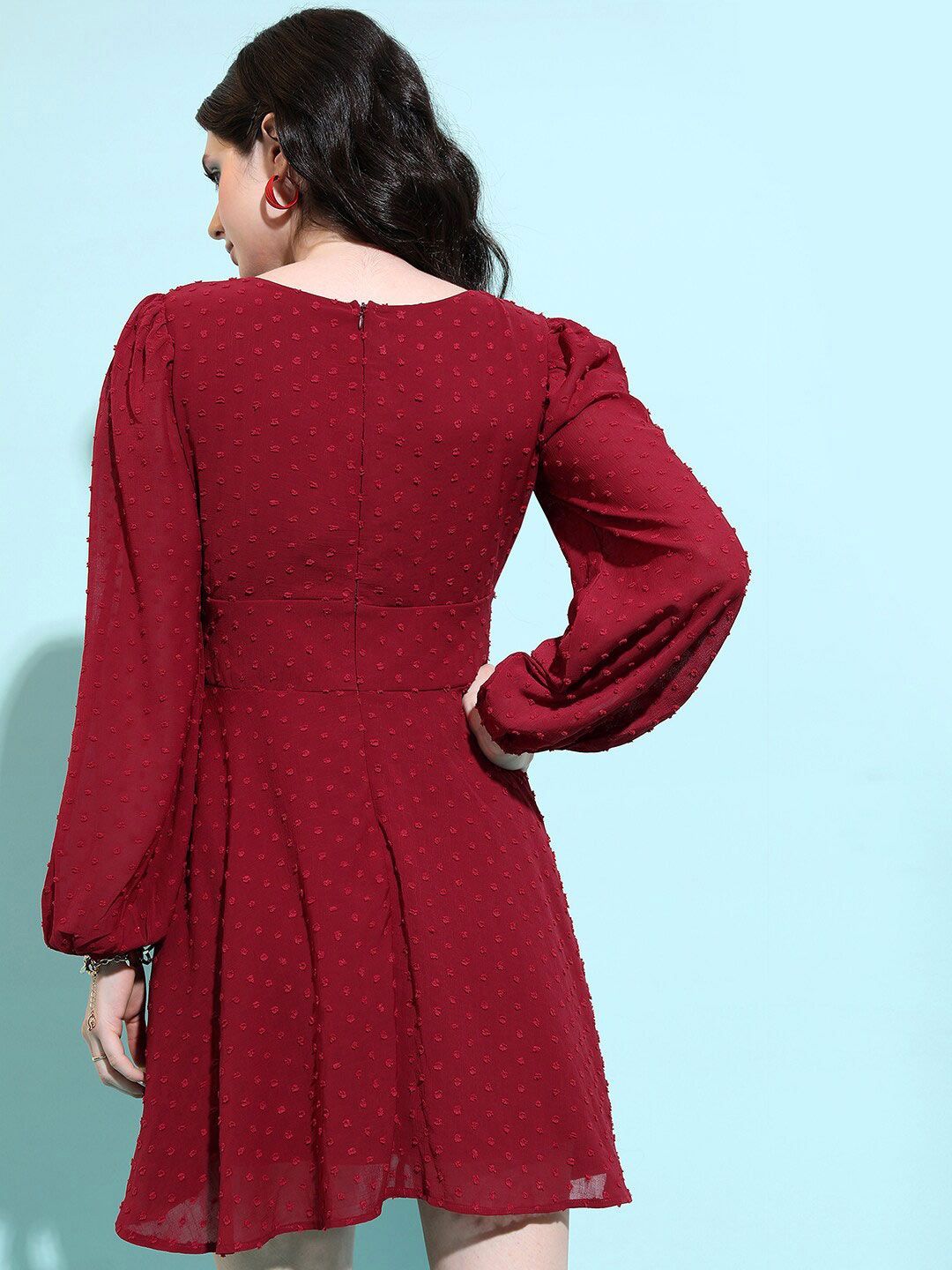 Tokyo Talkies Maroon Self Design Puff Sleeves Pleated Fit & Flare Dress