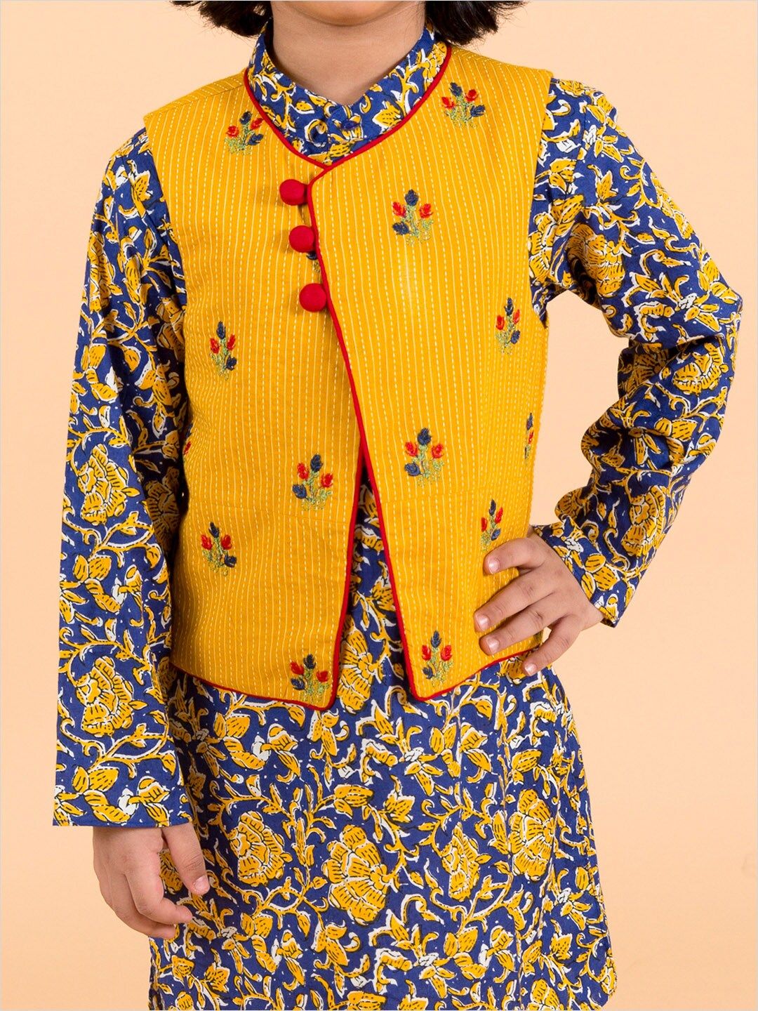 pspeaches Boys Navy Blue Floral Printed Pure Cotton Kurta with Trousers & With Dupatta