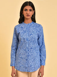 W Blue Floral Printed Mandarin Collar Pure Cotton Shirt Style Top
