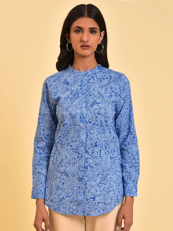 W Blue Floral Printed Mandarin Collar Pure Cotton Shirt Style Top