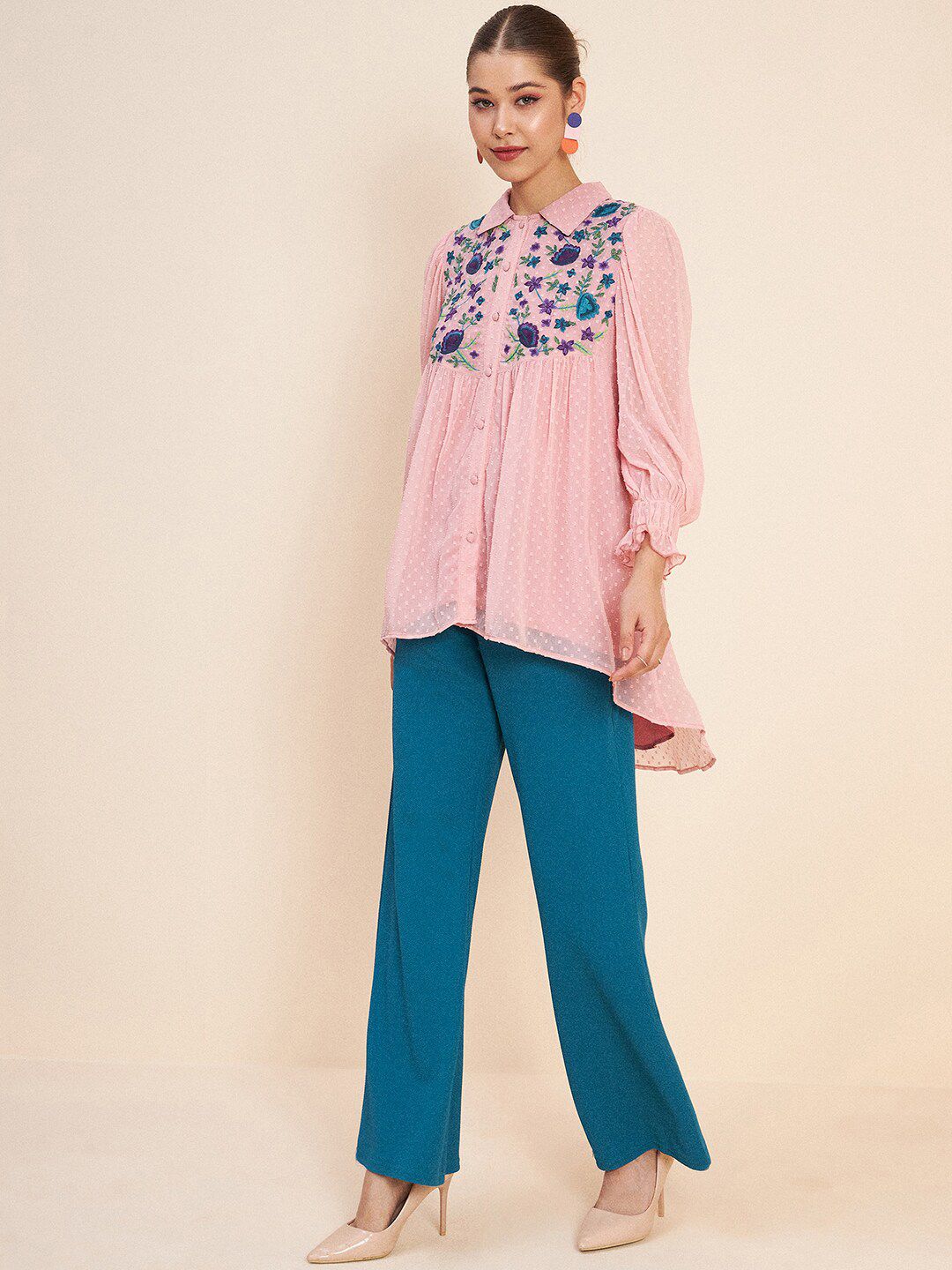Antheaa Pink Self Design Embroidered Top & Palazzos