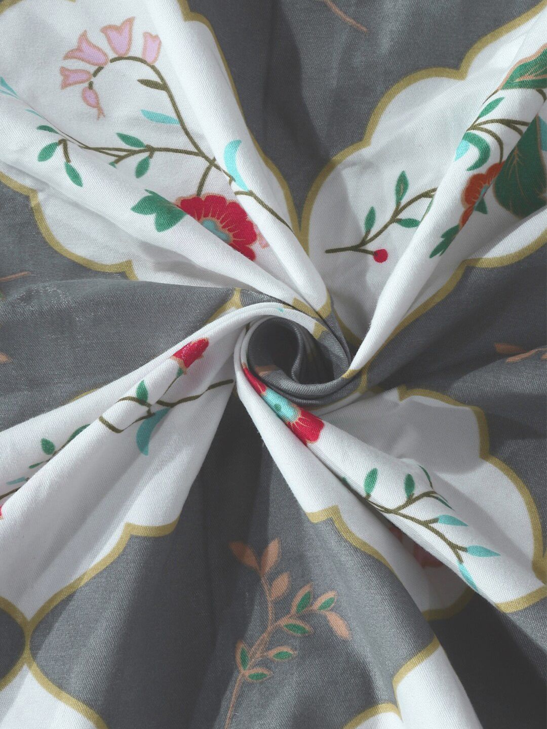 KLOTTHE Grey Floral Printed 300 TC Fitted Super King Double Bedsheet with 2 Pillow Covers