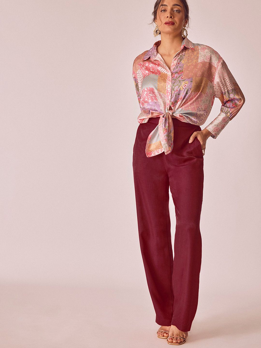 The Label Life Women Relaxed Flared Fit High-Rise Parallel Trousers