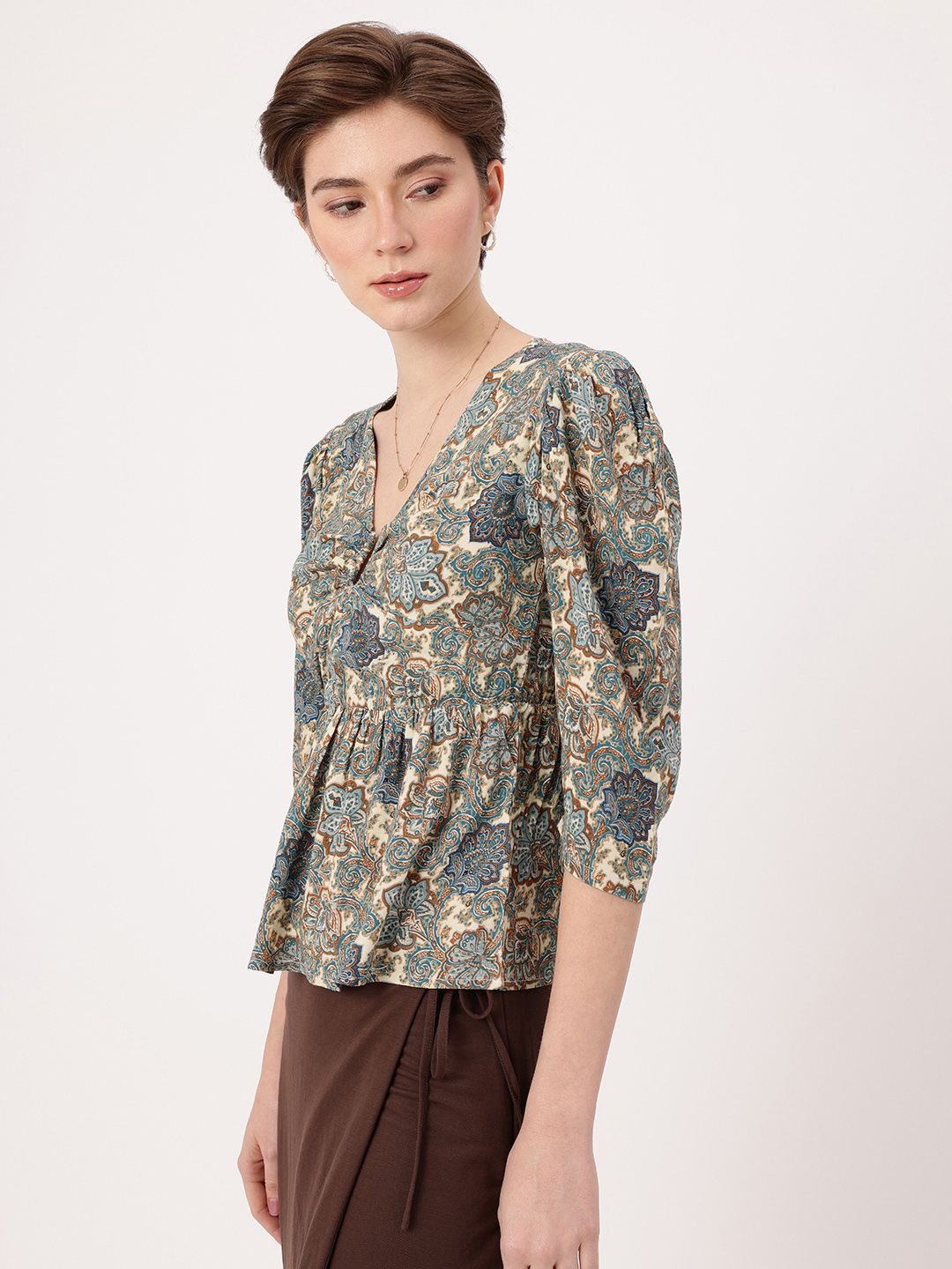 DressBerry Indie Boho Printed Puff Sleeves Gathered A-Line Top