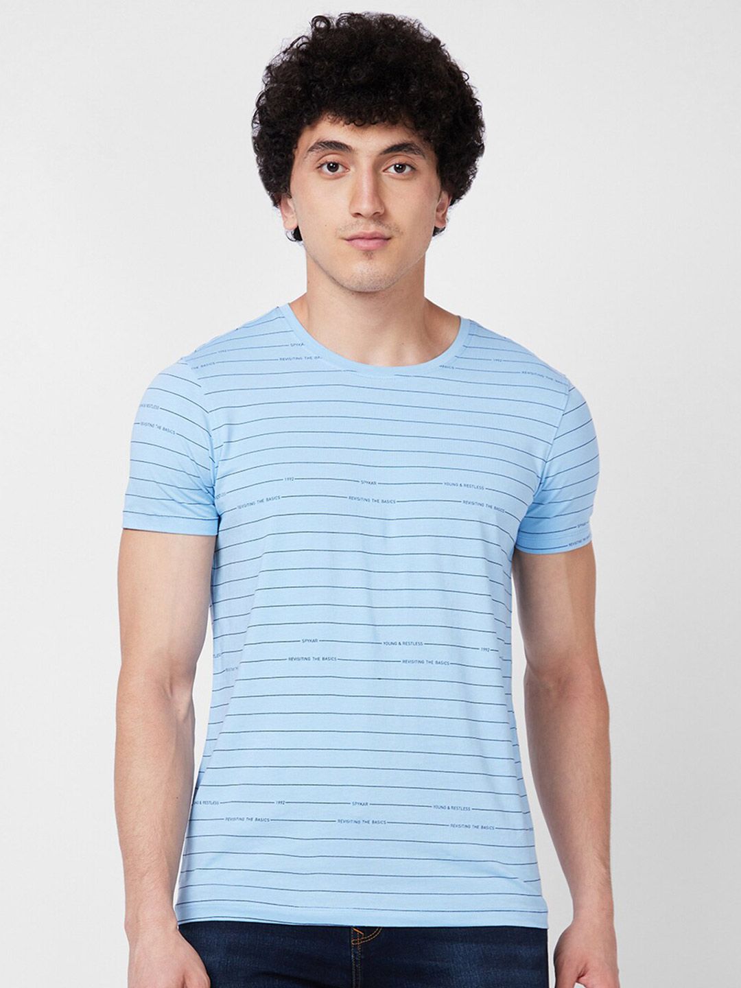 SPYKAR Round Neck Short Sleeves Striped Slim Fit Cotton T-shirt