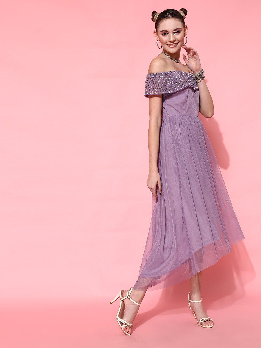 STREET 9 Women Lavender Solid Midi Dress