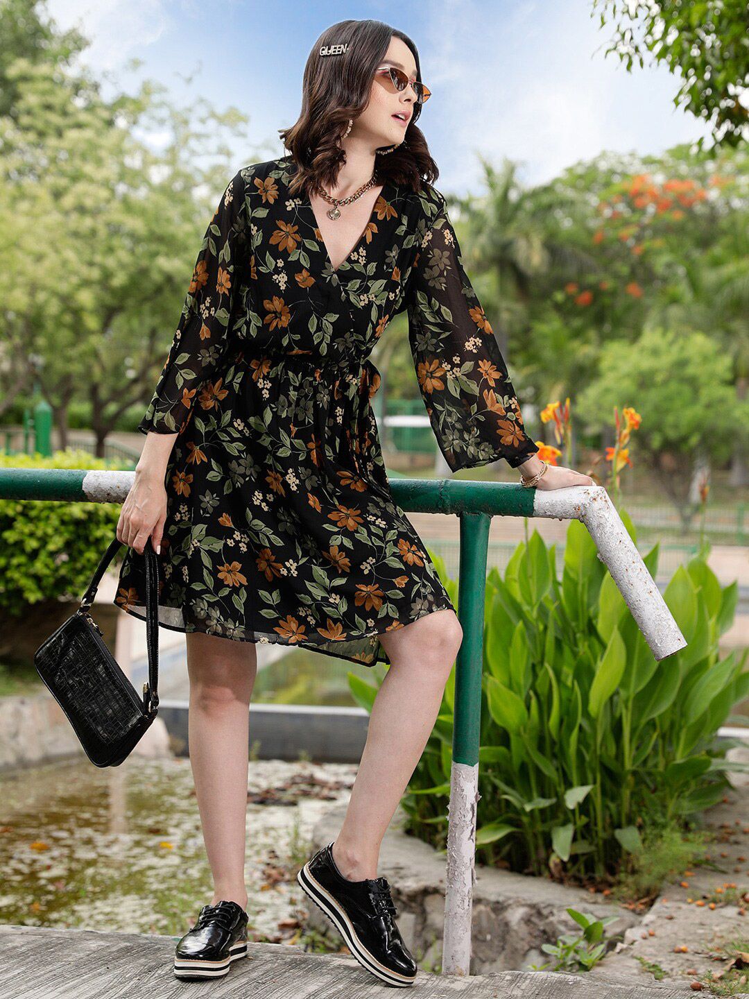 STREET 9 Black & Green Floral Printed Wrap Dress