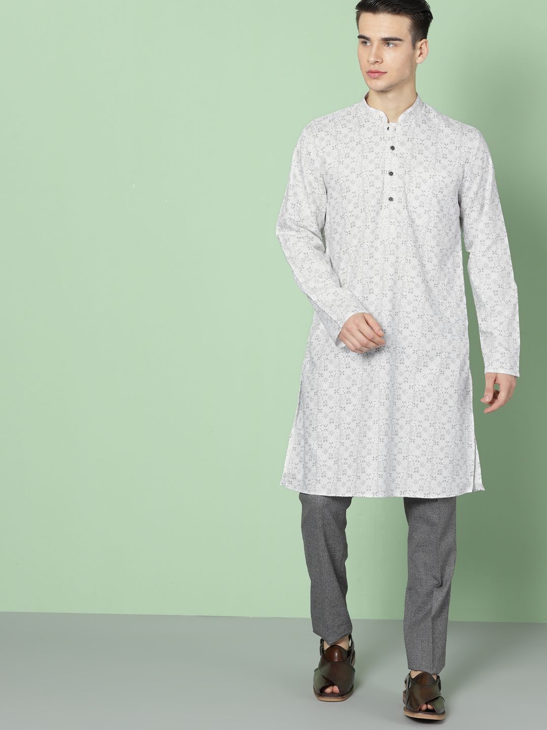 House of Pataudi Men White & Grey Printed Straight  Kurta