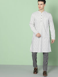 House of Pataudi Men White & Grey Printed Straight  Kurta